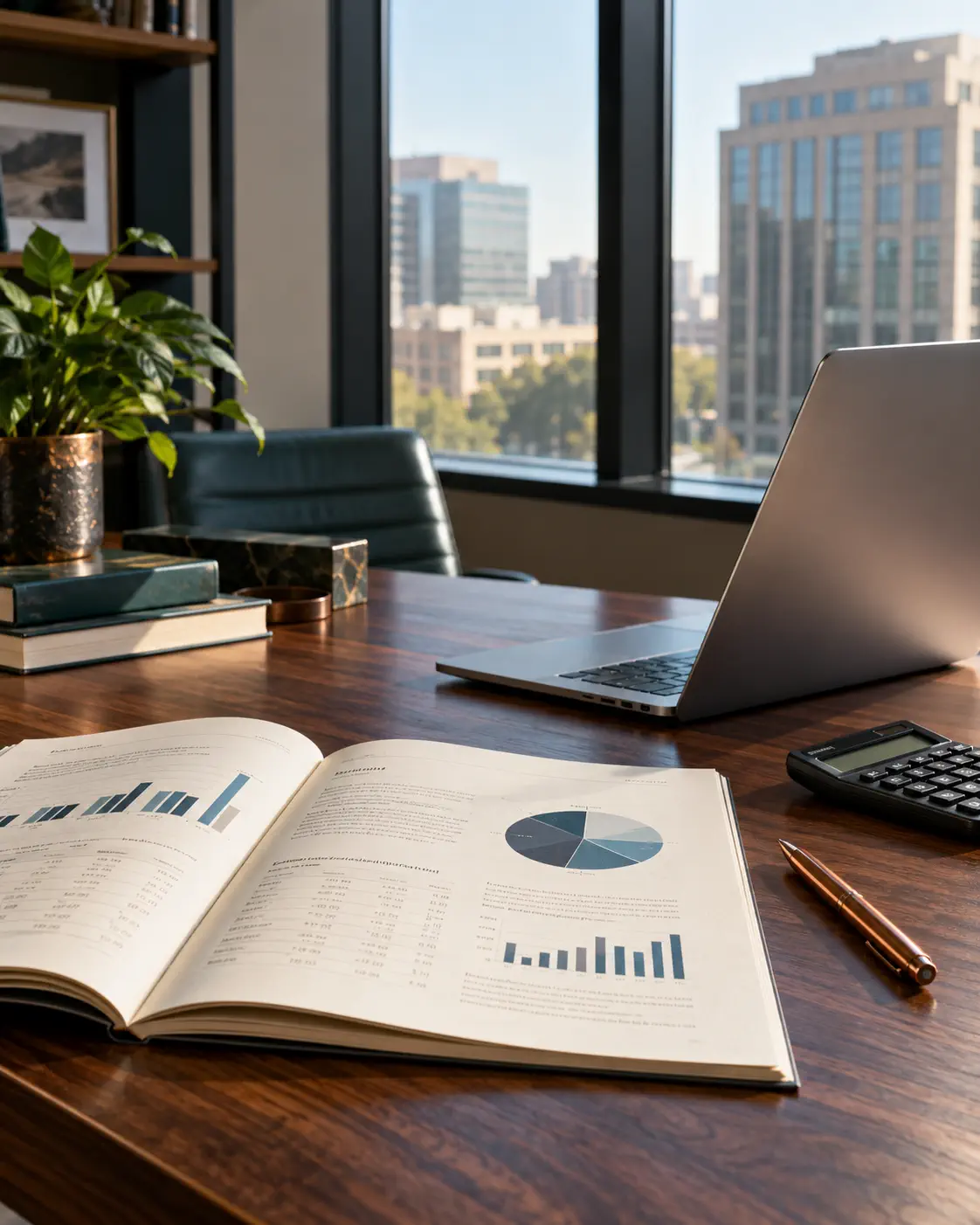 Illustrative empty financial workspace with reports, calculator and laptop